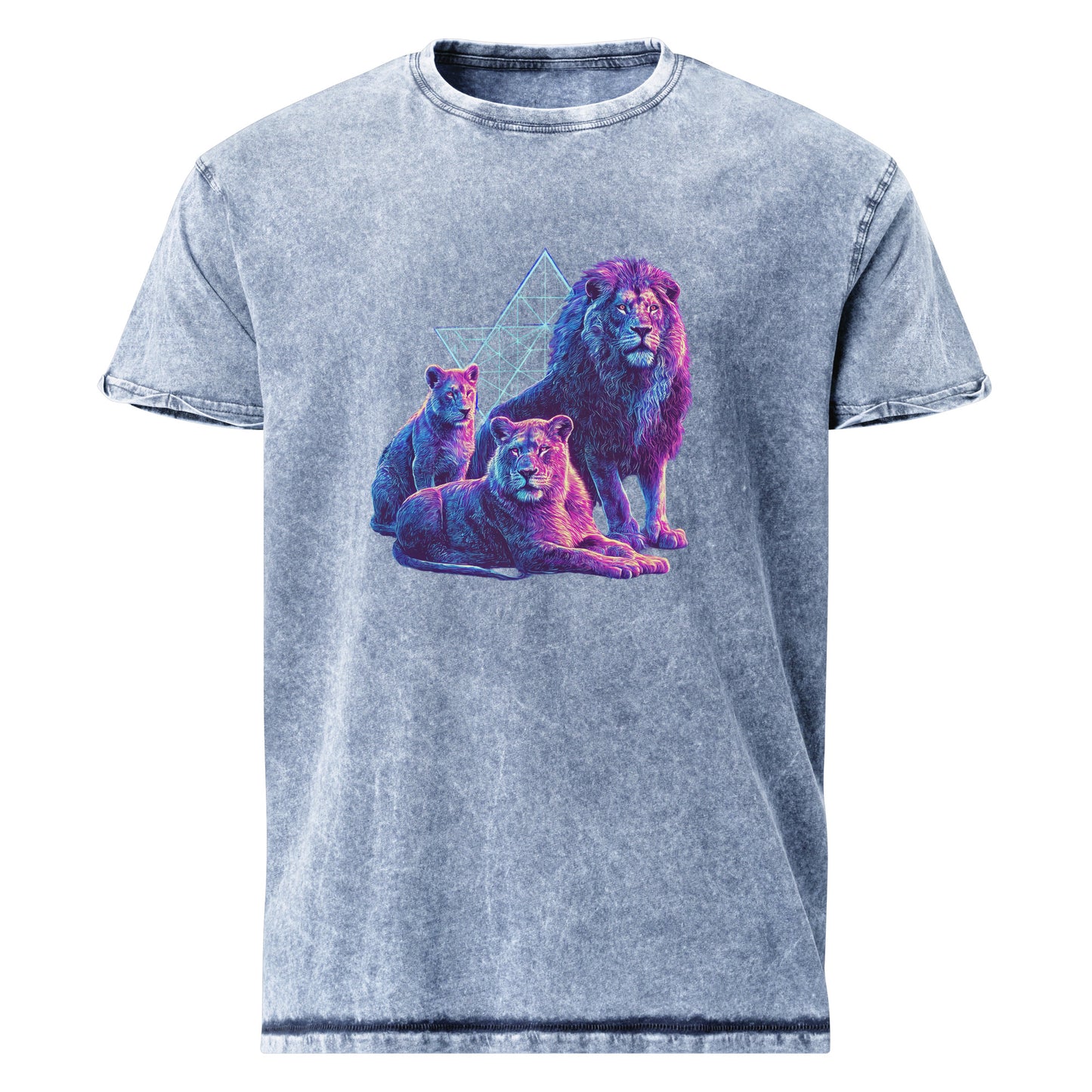 The Lion of Judah (Yehudah) denim t-shirt
featuring three lion postures from Bereshit 49
— Jewish shirt by JEWTHREADS