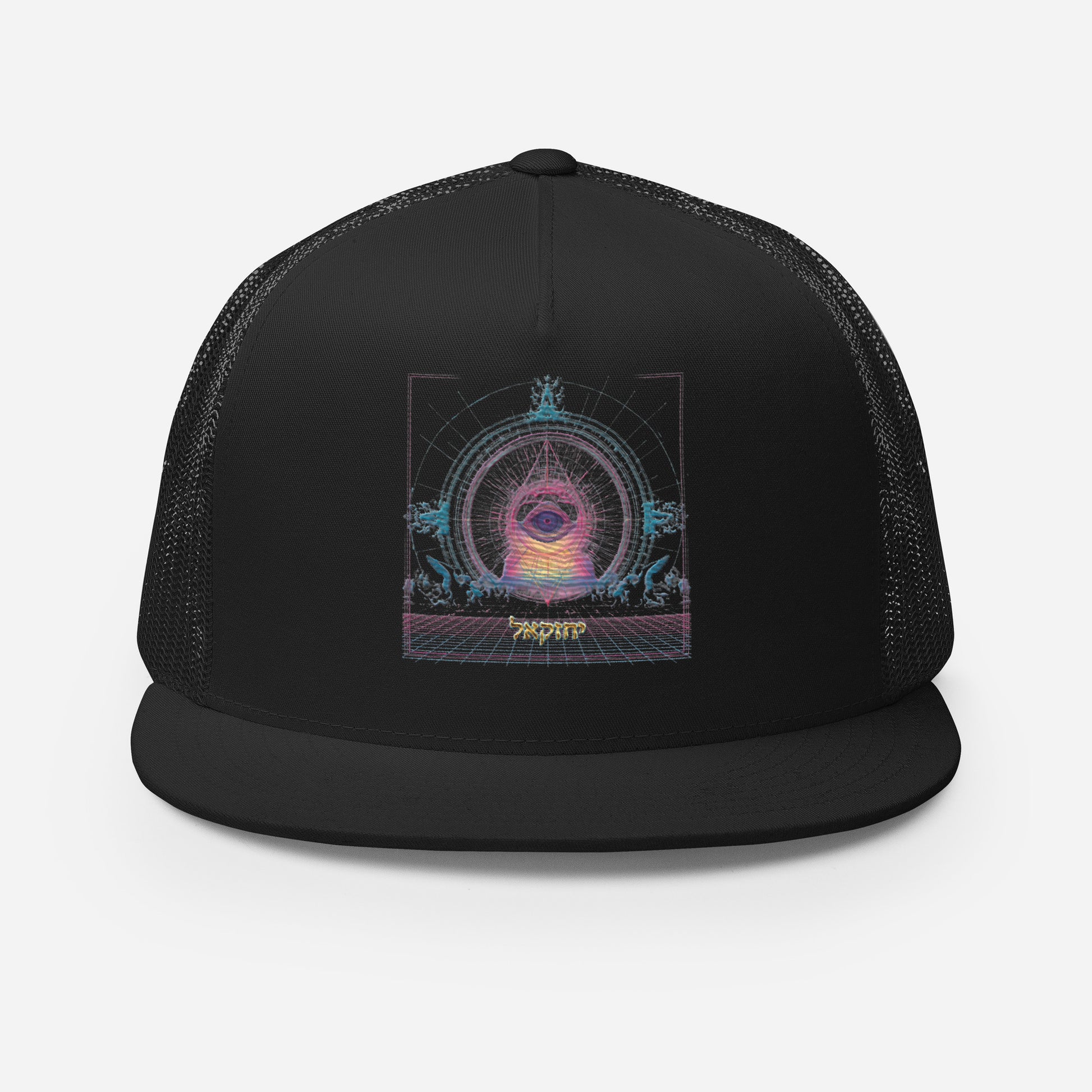 The Merkabah trucker cap in black featuring Yechezkel's vision — Jewish hat by JEWTHREADS