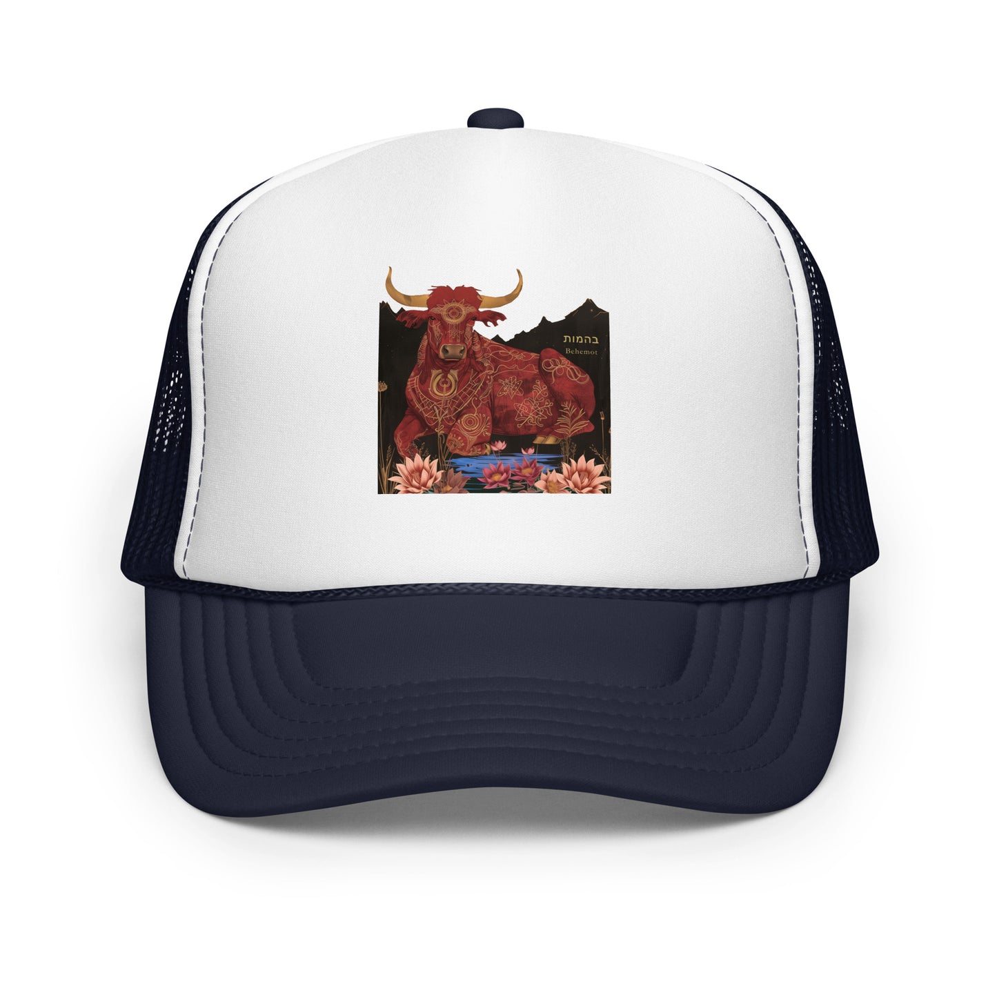 The Behemot Jewish Trucker Hat — red ox with golden horns lying in lotus marsh, from Job 40, by JEWTHREADS
