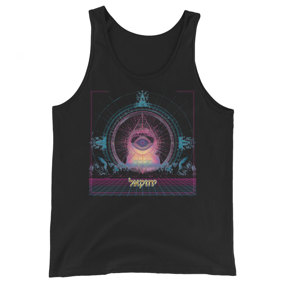 The Merkabah men's tank top in black featuring Yechezkel's vision — Jewish apparel by JEWTHREADS