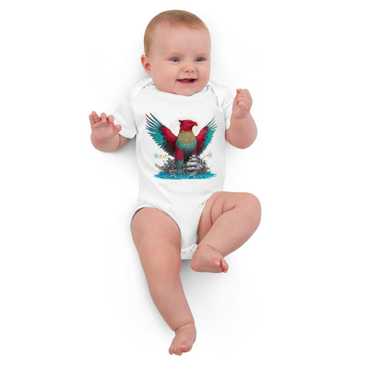 Baby wearing white Jewish Ziz organic cotton bodysuit, front view