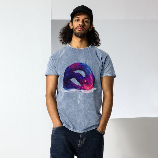 The Livyatan (Leviathan) Jewish denim t-shirt — great sea serpent from Job (Iyov) 41, blue and crimson scales, coiled sovereign of the deep by JEWTHREADS