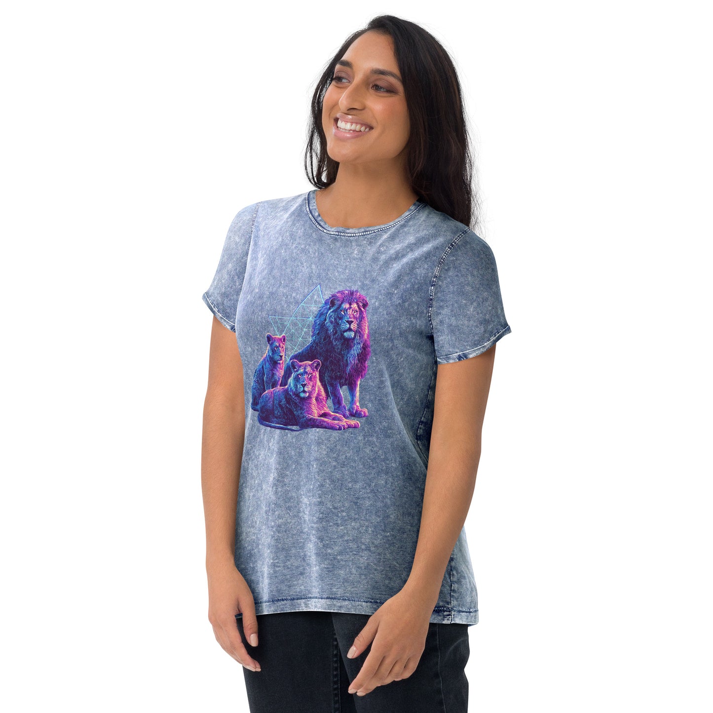The Lion of Judah (Yehudah) denim t-shirt featuring three lion postures from Bereshit 49 — Jewish apparel by JEWTHREADS