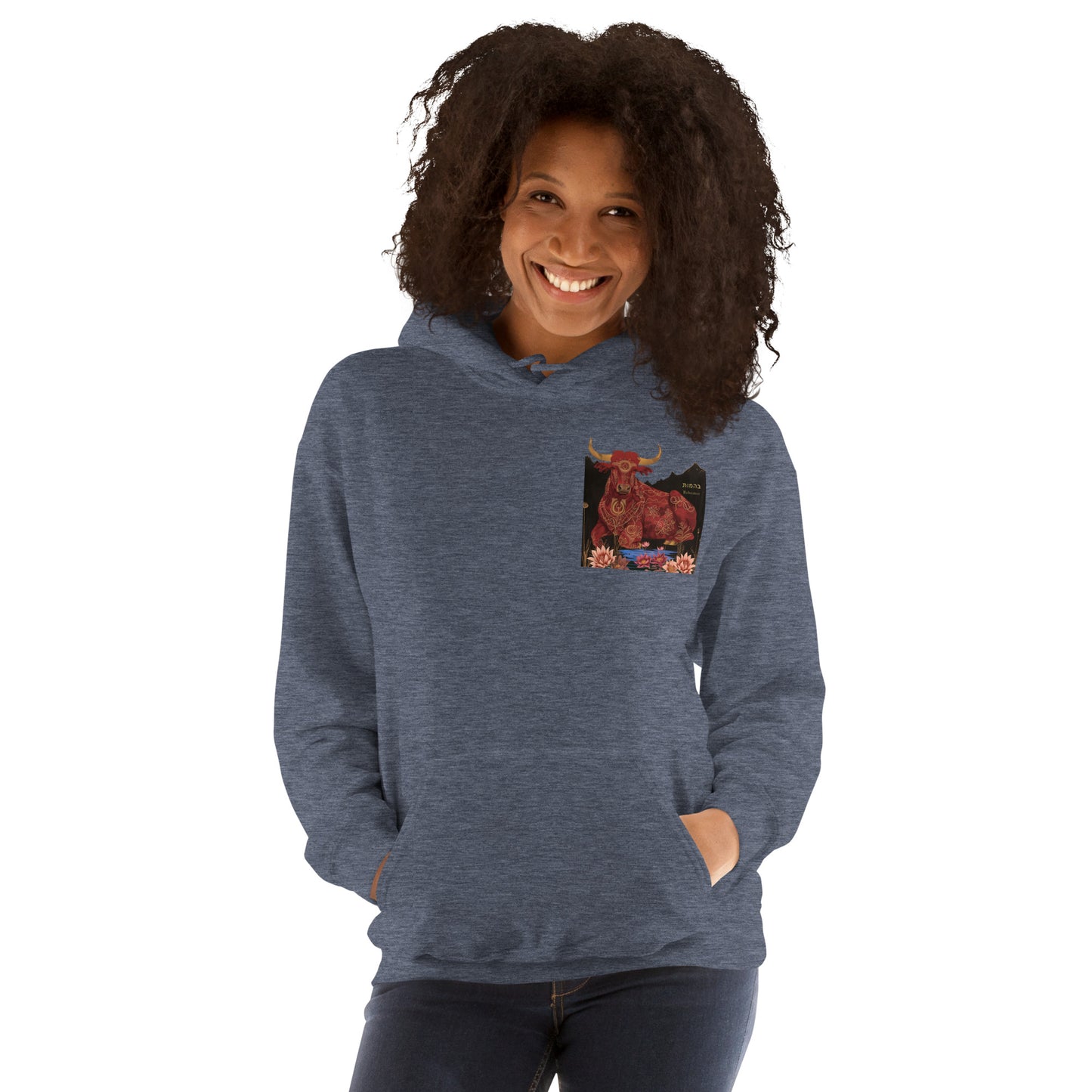 The Behemot Jewish Hoodie — red ox with golden horns lying in lotus marsh, from Job 40, by JEWTHREADS