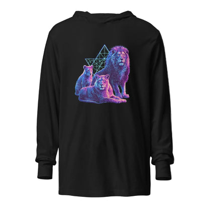 Lion of Judah hooded long sleeve Jewish shirt 
in black featuring three lion postures from 
Bereshit 49 — JEWTHREADS