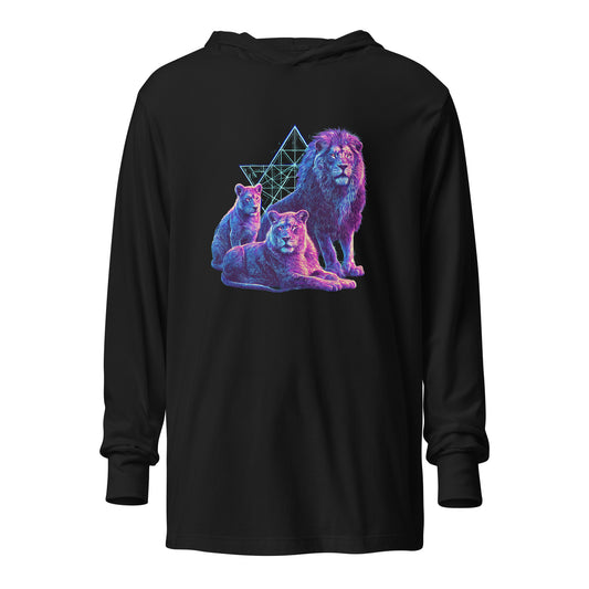 Lion of Judah hooded long sleeve Jewish shirt 
in black featuring three lion postures from 
Bereshit 49 — JEWTHREADS