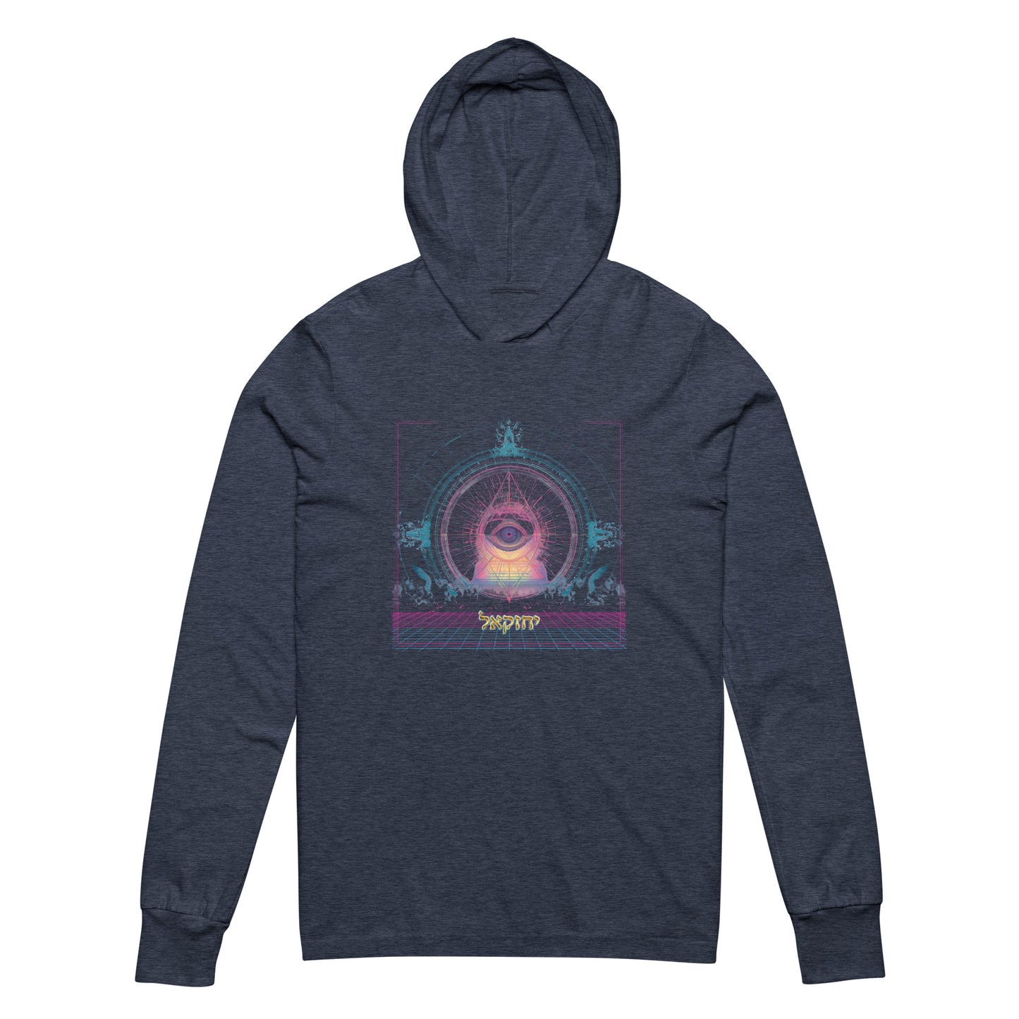 Merkabah Jewish sacred art hooded long sleeve tee 
in navy featuring Yechezkel's vision — JEWTHREADS