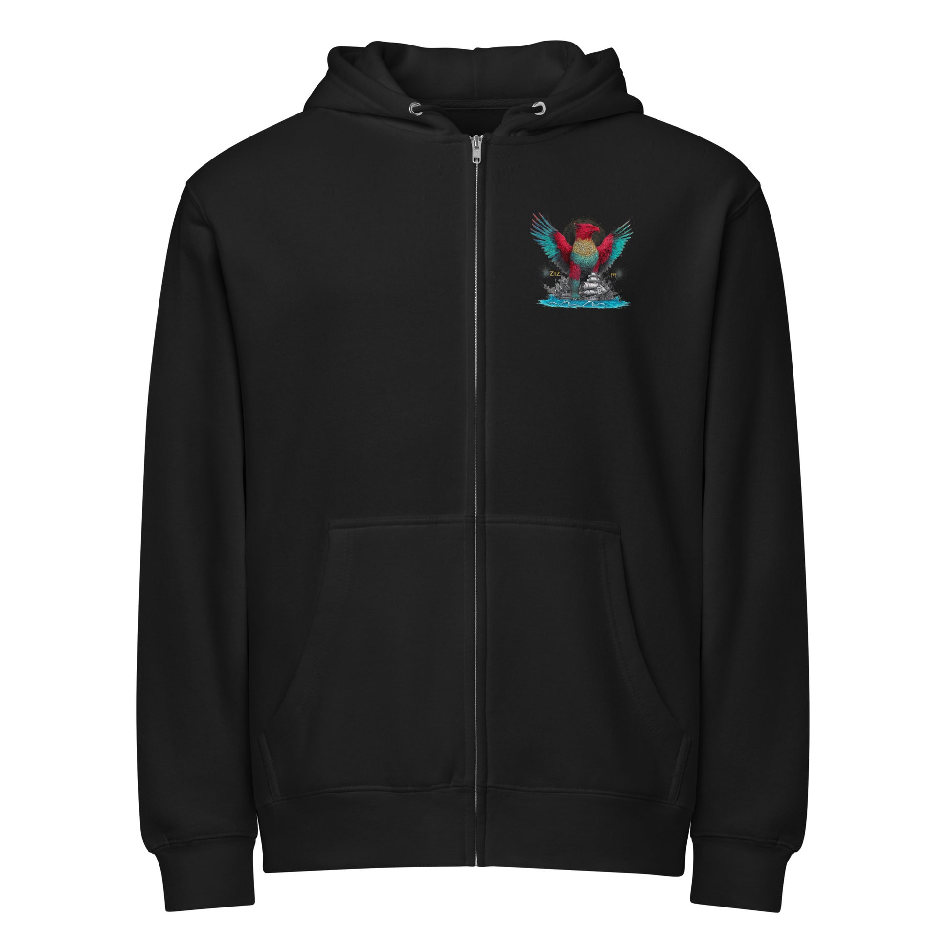 The Ziz Jewish full zip hoodie in black — king of all birds from Jewish tradition by JEWTHREADS