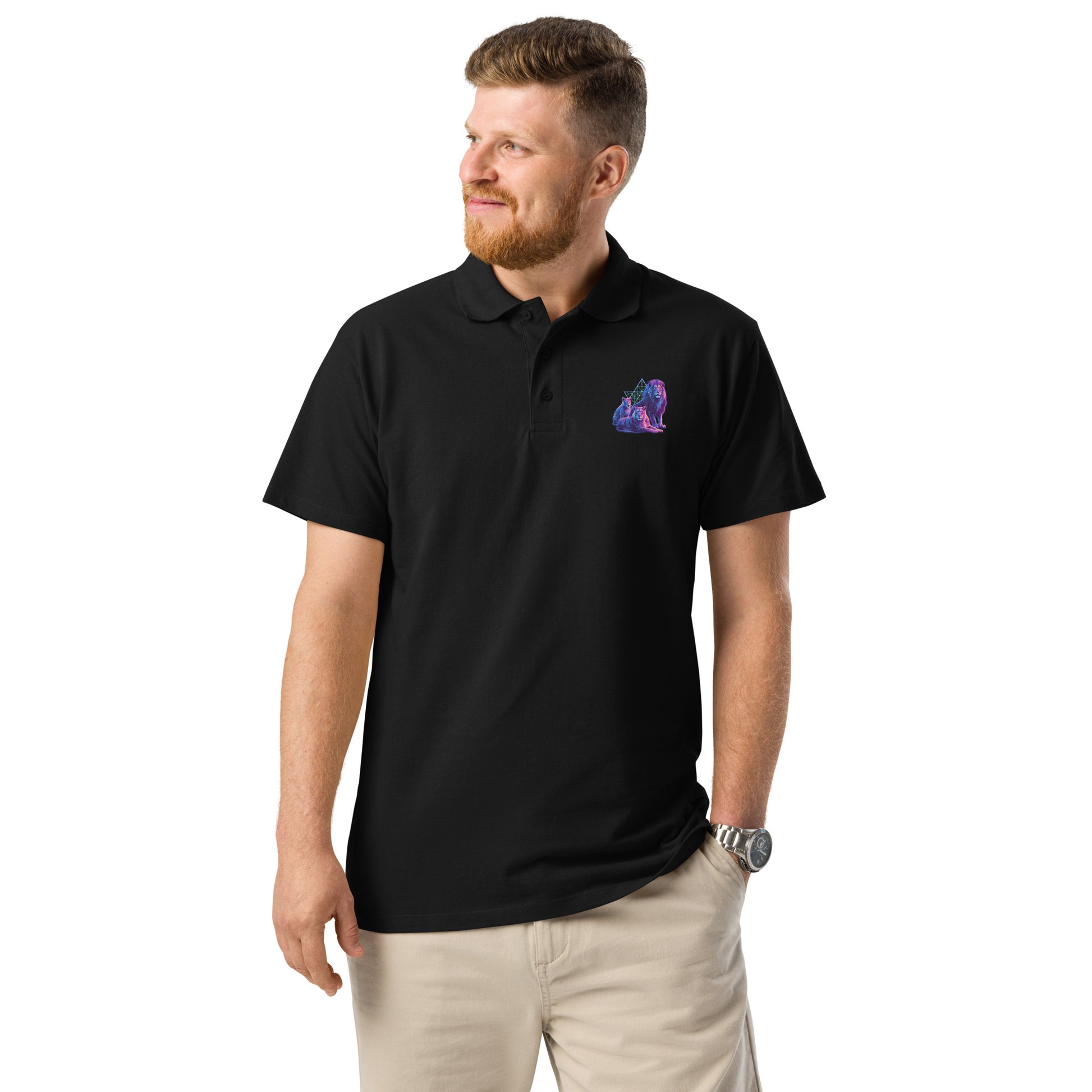 The Lion of Judah (Yehudah) polo shirt featuring three lion postures from Bereshit 49 — Jewish apparel by JEWTHREADS