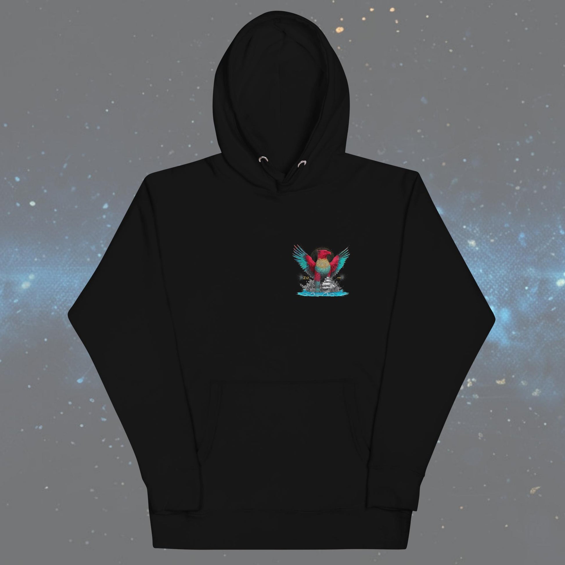 The Ziz Jewish hoodie in black with full front and back design — king of all birds by JEWTHREADS