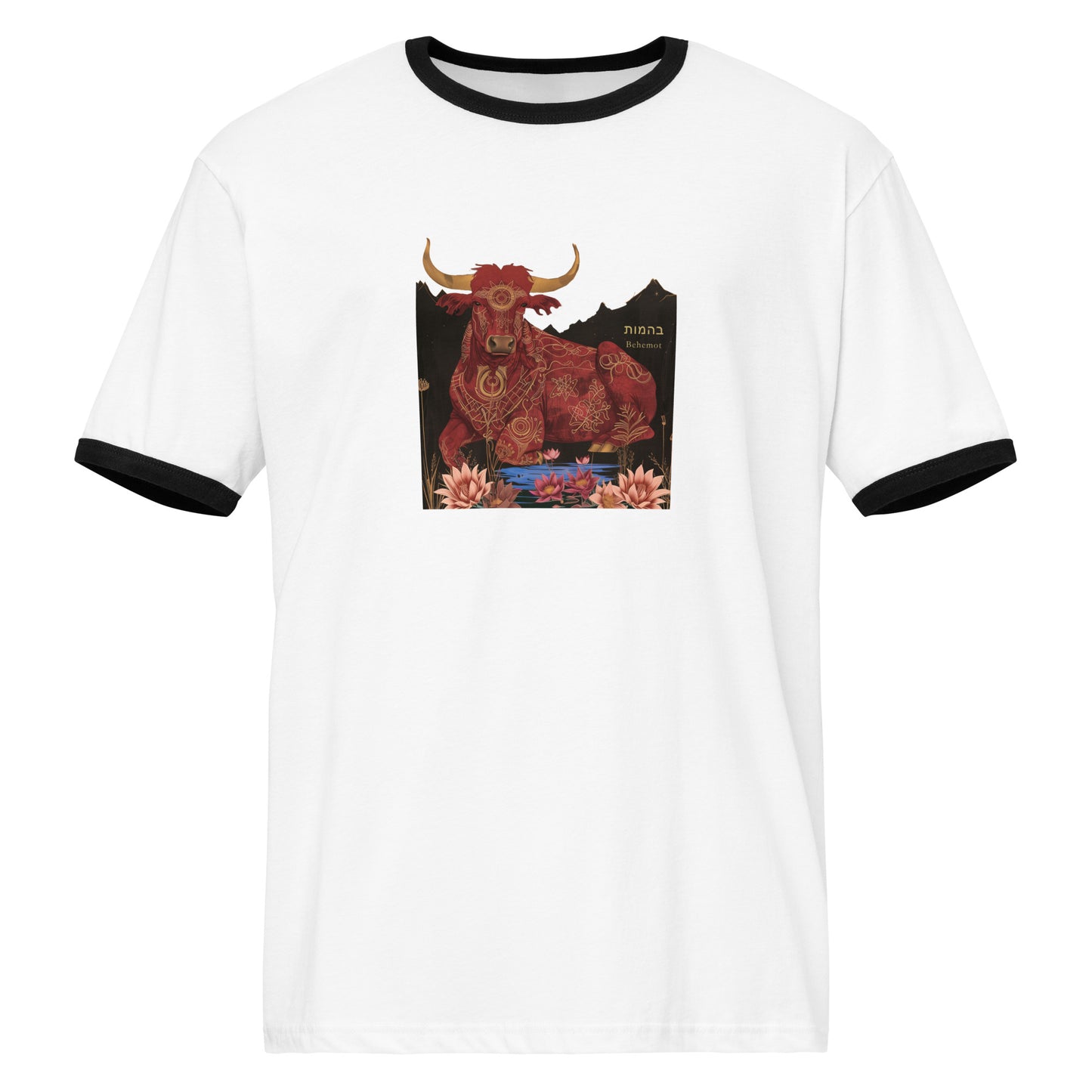 The Behemot Jewish ringer T-Shirt red ox with golden horns lying in lotus marsh, from Job 40, by JEWTHREADS