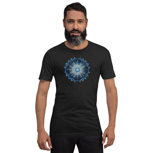 Emunah Jewish t-shirt in blue featuring Hebrew word for faith — Jewish identity apparel by JEWTHREADS