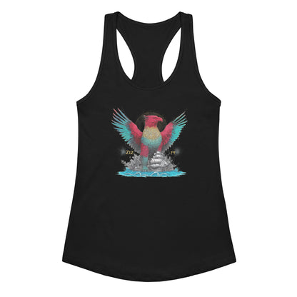 The Ziz women's racerback tank top in black featuring the Talmudic sky guardian — Jewish shirt by JEWTHREADS