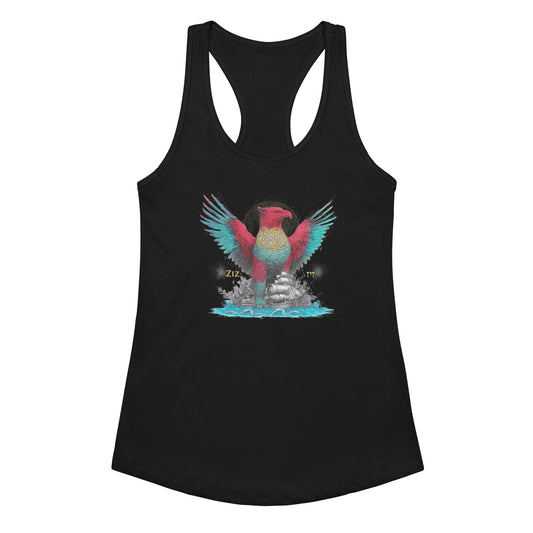 The Ziz women's racerback tank top in black featuring the Talmudic sky guardian — Jewish shirt by JEWTHREADS