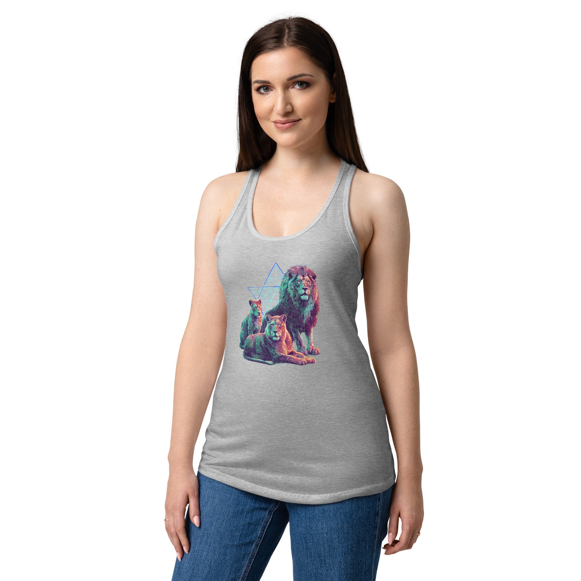 The Lion of Judah (Yehudah) women's tank top featuring three lion postures from Bereshit 49 — Jewish women's apparel by JEWTHREADS