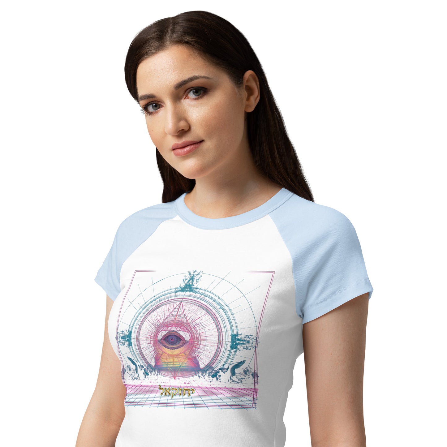 The Merkabah women's baby tee featuring Yechezkel's vision — Jewish women's shirt by JEWTHREADS