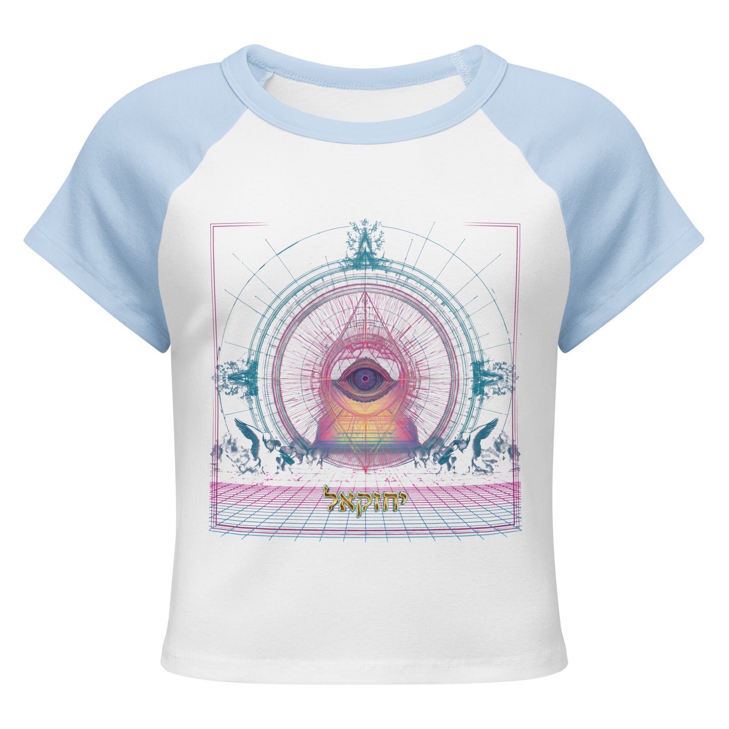 The Merkabah women's baby tee featuring Yechezkel's vision — Jewish women's shirt by JEWTHREADS