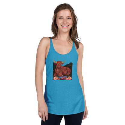 The Behemot Jewish racerback tank top — red ox with golden horns lying in lotus marsh, from Job 40, by JEWTHREADS