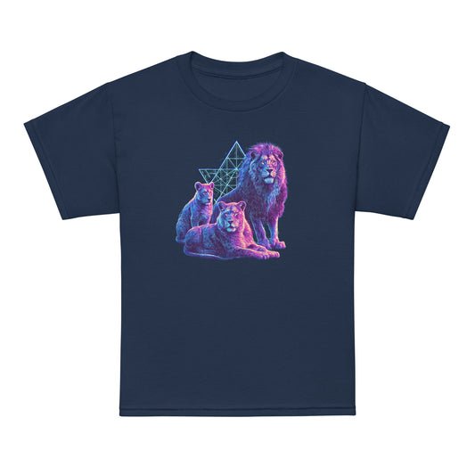 The Lion of Judah (Yehudah) Jewish youth t-shirt 
featuring three lion postures from Bereshit 49 
— Jewish kids shirt by JEWTHREADS